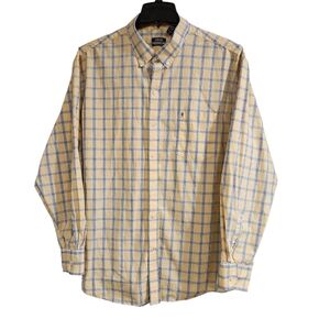 Izod Mens XXL Button Down Shirt Premium Essentials Yellow Blue Plaid Long Sleeve